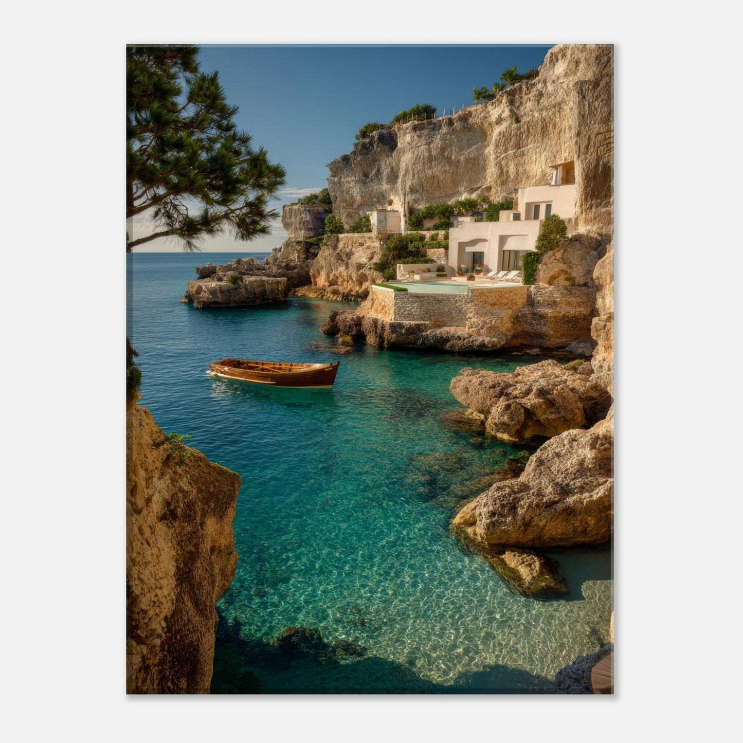 Mediterranean coastal canvas art with a small wooden boat moored beside the rocky shore