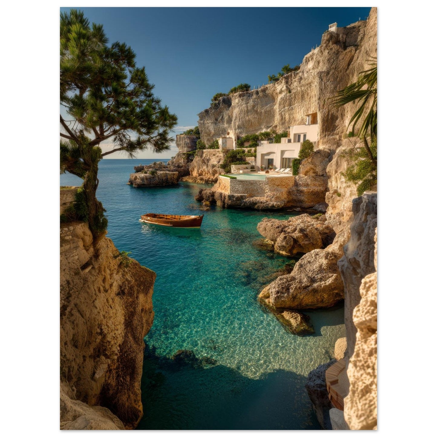 Mediterranean coastal poster with a small wooden boat moored beside the rocky shore