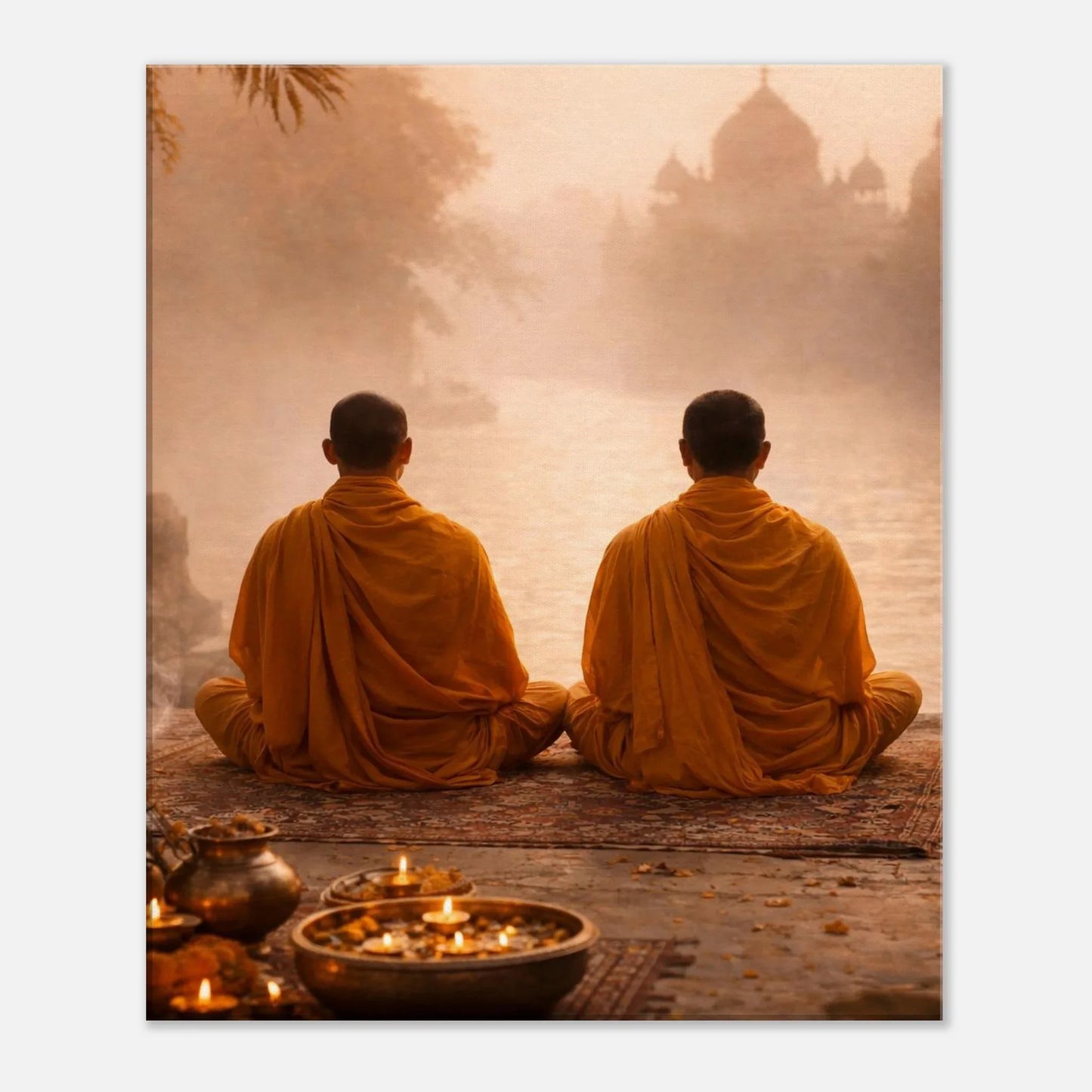 Angled view of India Sacred Silence meditation canvas wall art on a 4 cm deep wooden frame
