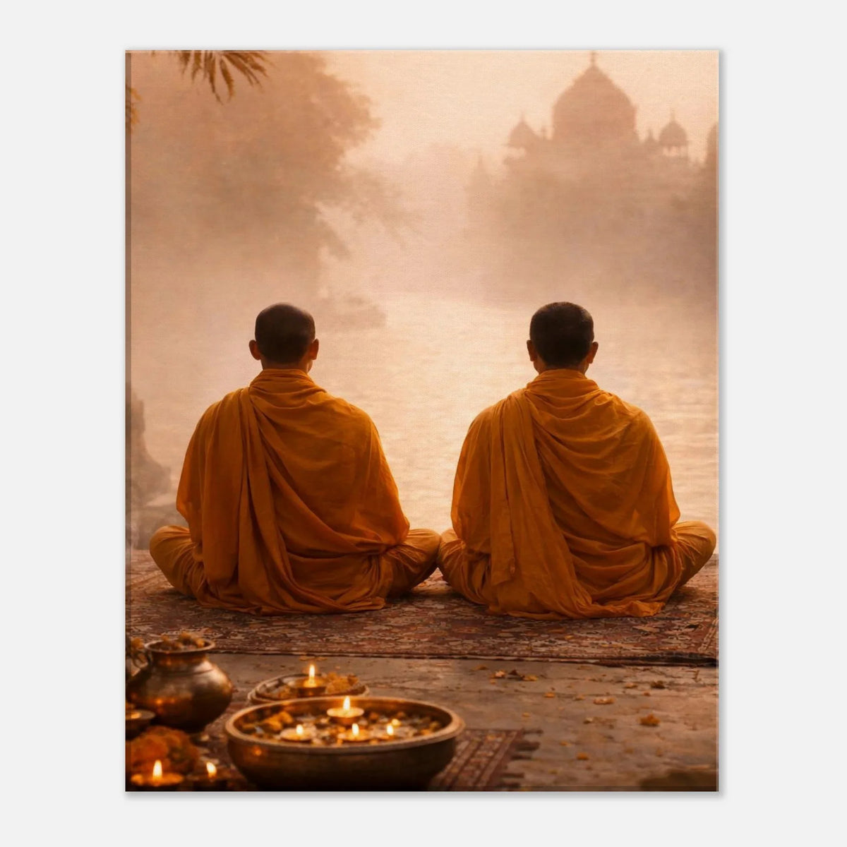 Close-up of India Sacred Silence canvas showing the monks and warm sand and gold tones on textured canvas