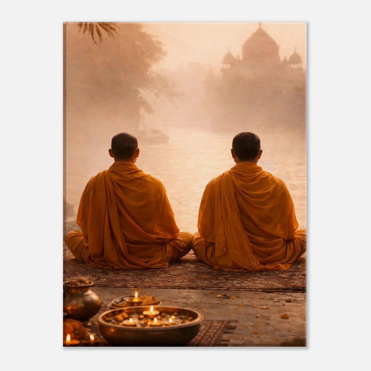 Detail of India Sacred Silence spiritual canvas print with candle glow and soft mist over the water