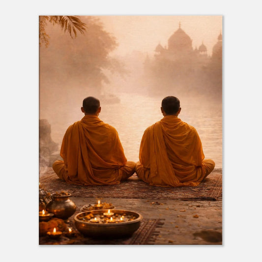India Sacred Silence spiritual meditation canvas wall art with two monks in saffron robes by a river and a temple in morning mist