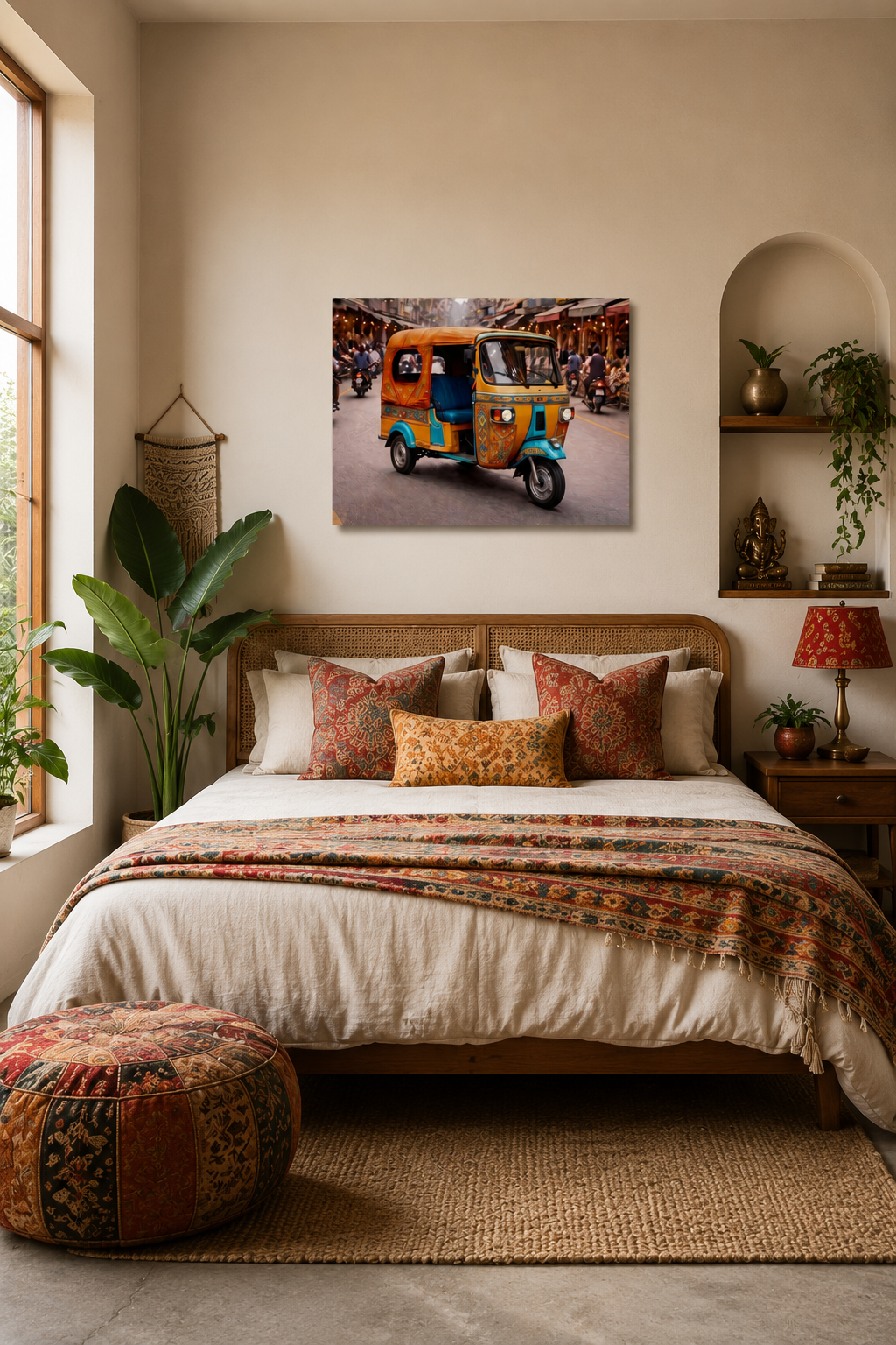Colorful Indian tuk tuk wall art displayed above a bed in a warm modern bedroom with neutral decor and earthy accents.