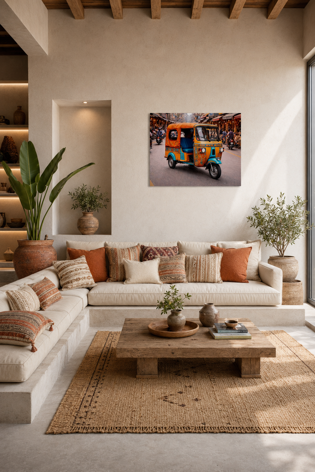 Colorful Indian tuk tuk canvas art above a sofa in a bright boho living room with earthy textiles and natural accents.