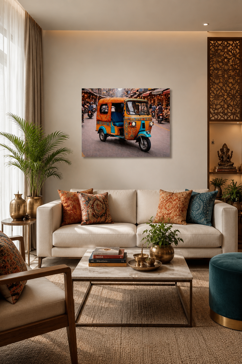 Indian tuk tuk canvas wall art styled above a beige sofa in a modern living room with warm wood and natural textures.
