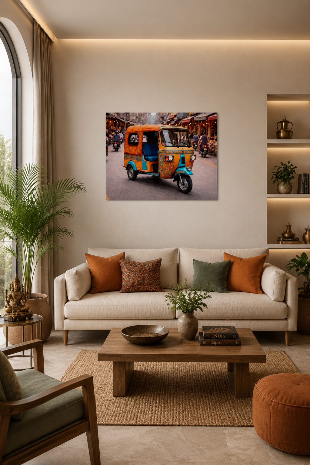 Indian tuk tuk wall art in a contemporary living room with neutral sofa, warm lighting and modern decor.