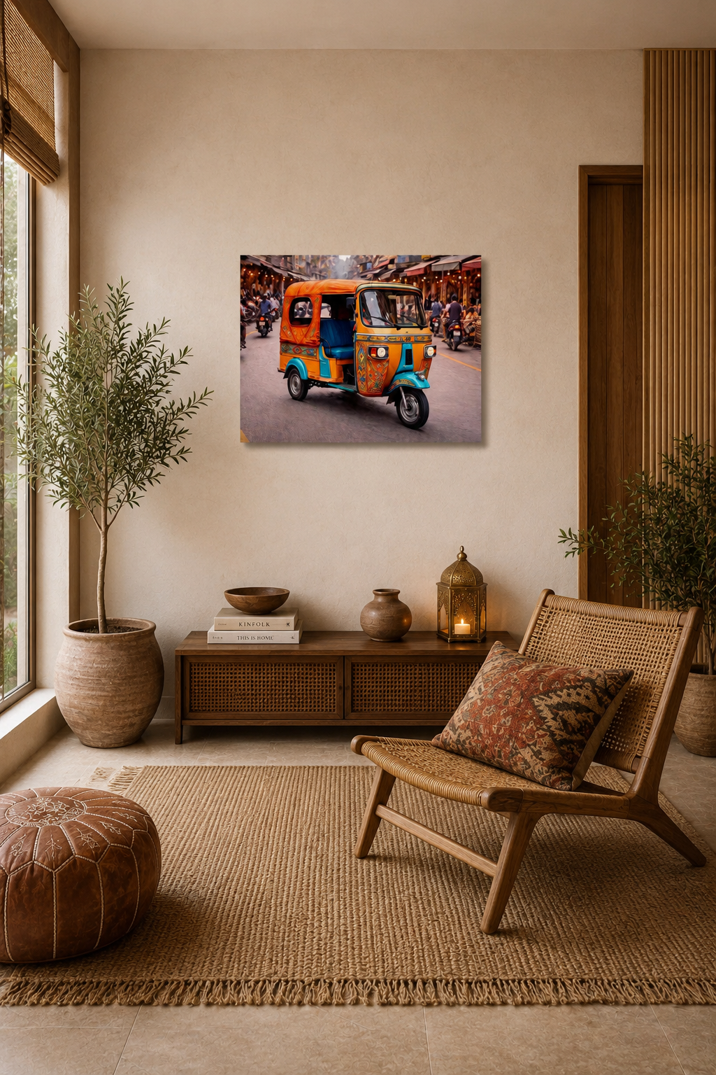 Vibrant Indian tuk tuk artwork displayed in a cozy reading corner with rattan chair, plants and minimalist decor.
