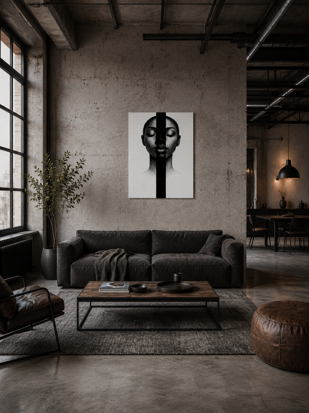 Black and white portrait canvas wall art displayed in a modern industrial loft living room with concrete walls, leather furniture, and large windows.