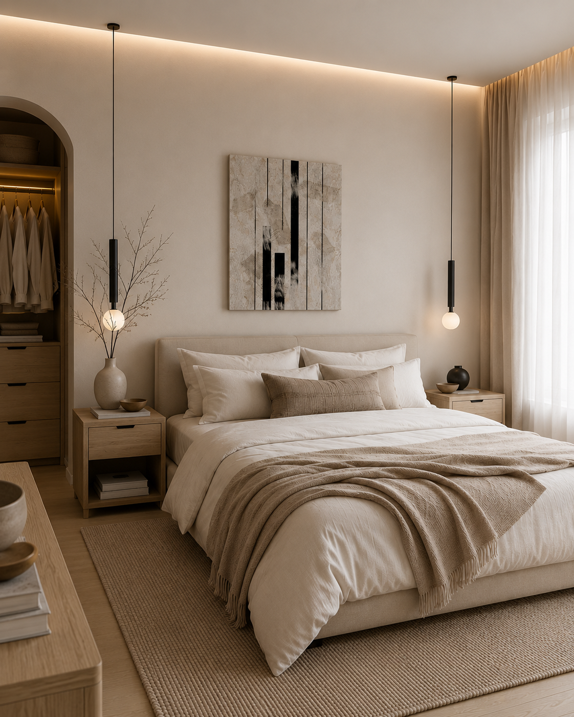 Inked Stone canvas above the bed in a neutral minimalist bedroom