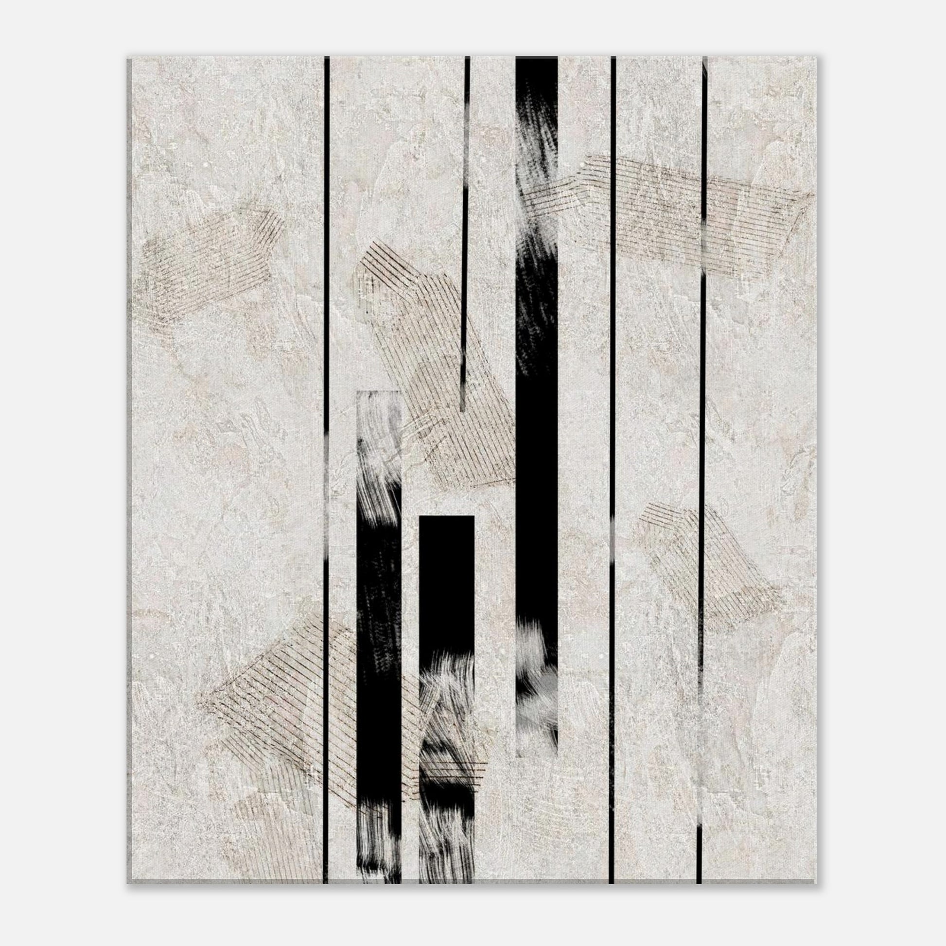 Detail of Inked Stone canvas showing black brush lines and soft beige graphic marks