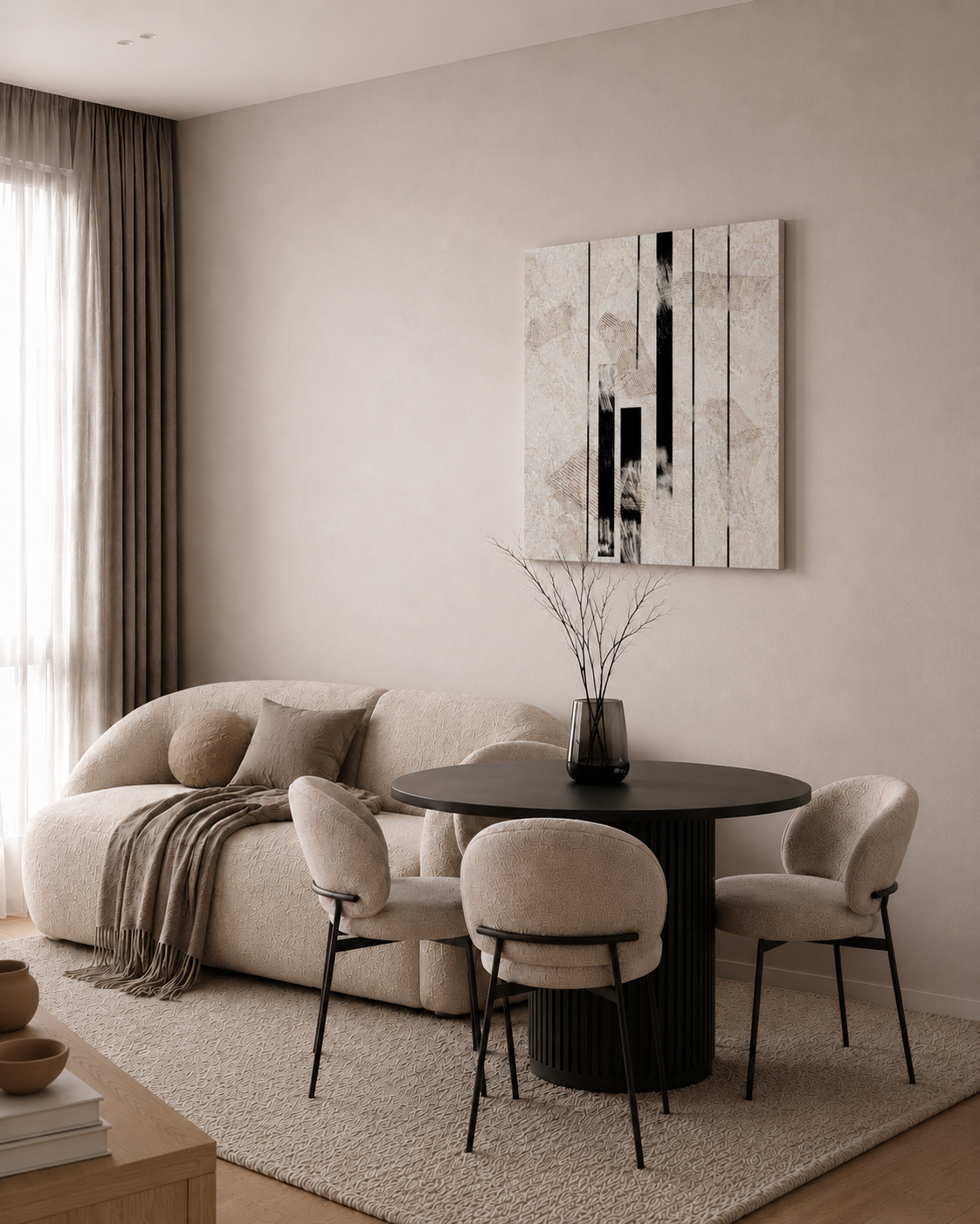 Inked Stone canvas in a dining area beside a round table and chairs