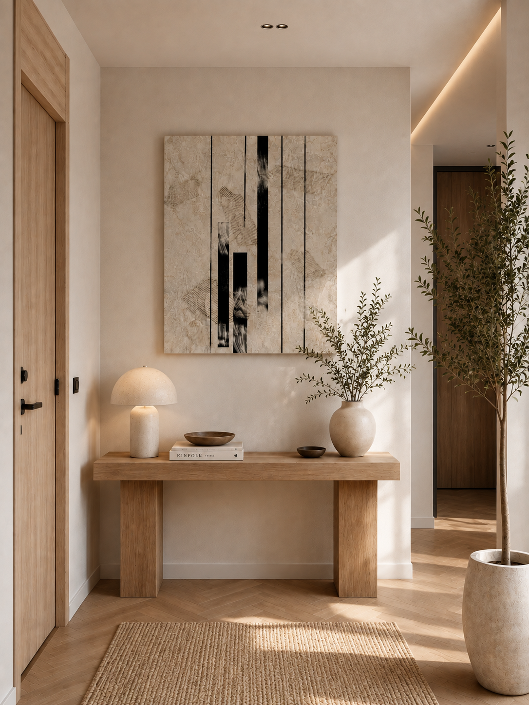 Inked Stone canvas in an entryway above a console table with ceramic vases
