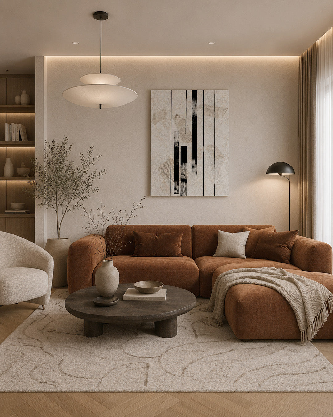 Inked Stone Japanese canvas hanging above a sofa in a modern living room