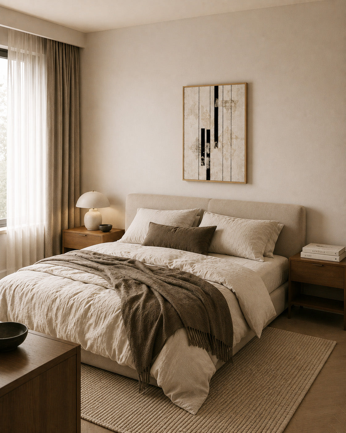 Inked Stone framed print above the bed in a calm neutral bedroom