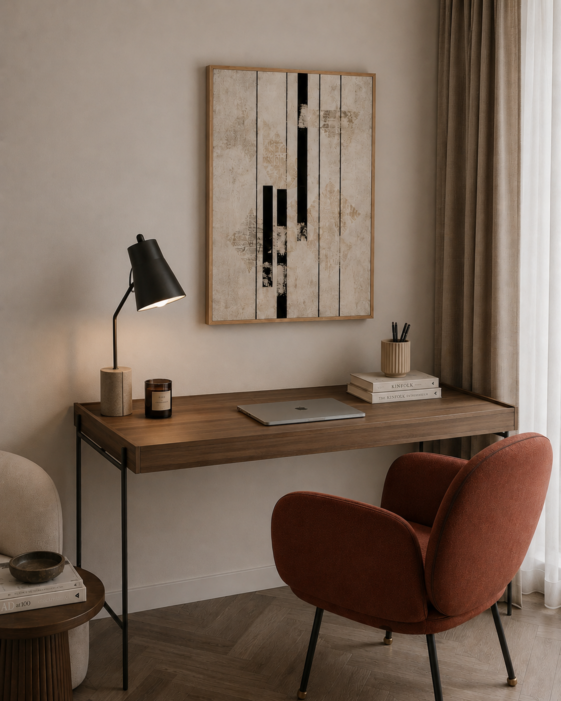Inked Stone framed print above a wooden desk in a home office
