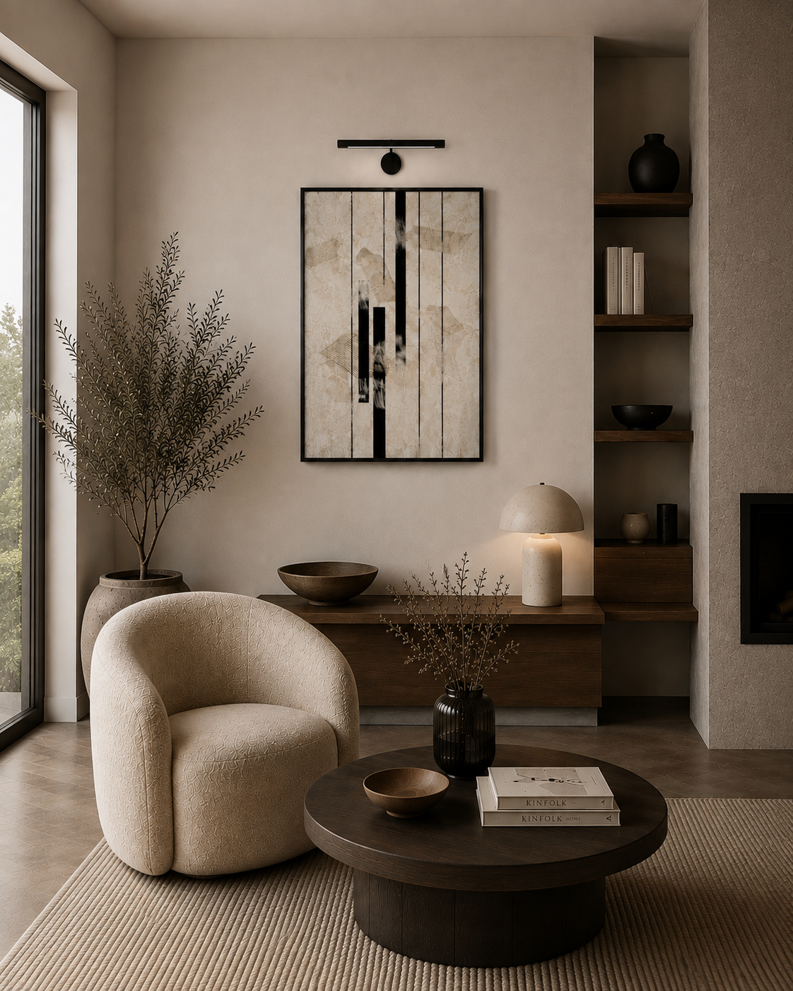 Inked Stone framed wall art in a living room above a rounded sofa and coffee table