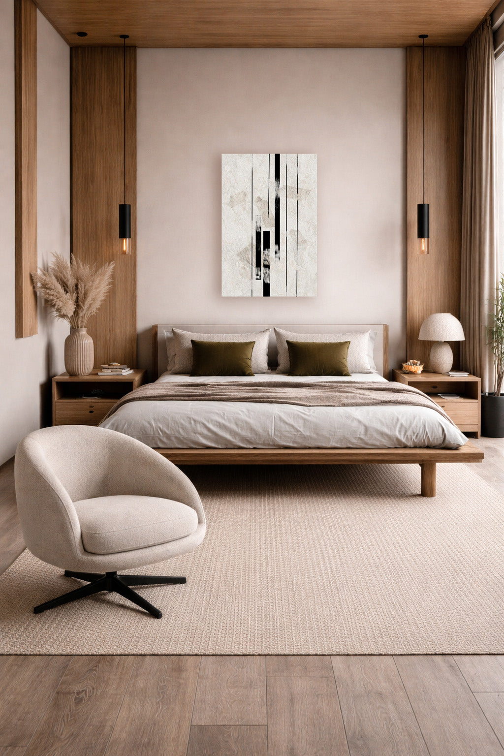 Inked Stone poster framed above the bed in a warm minimalist bedroom