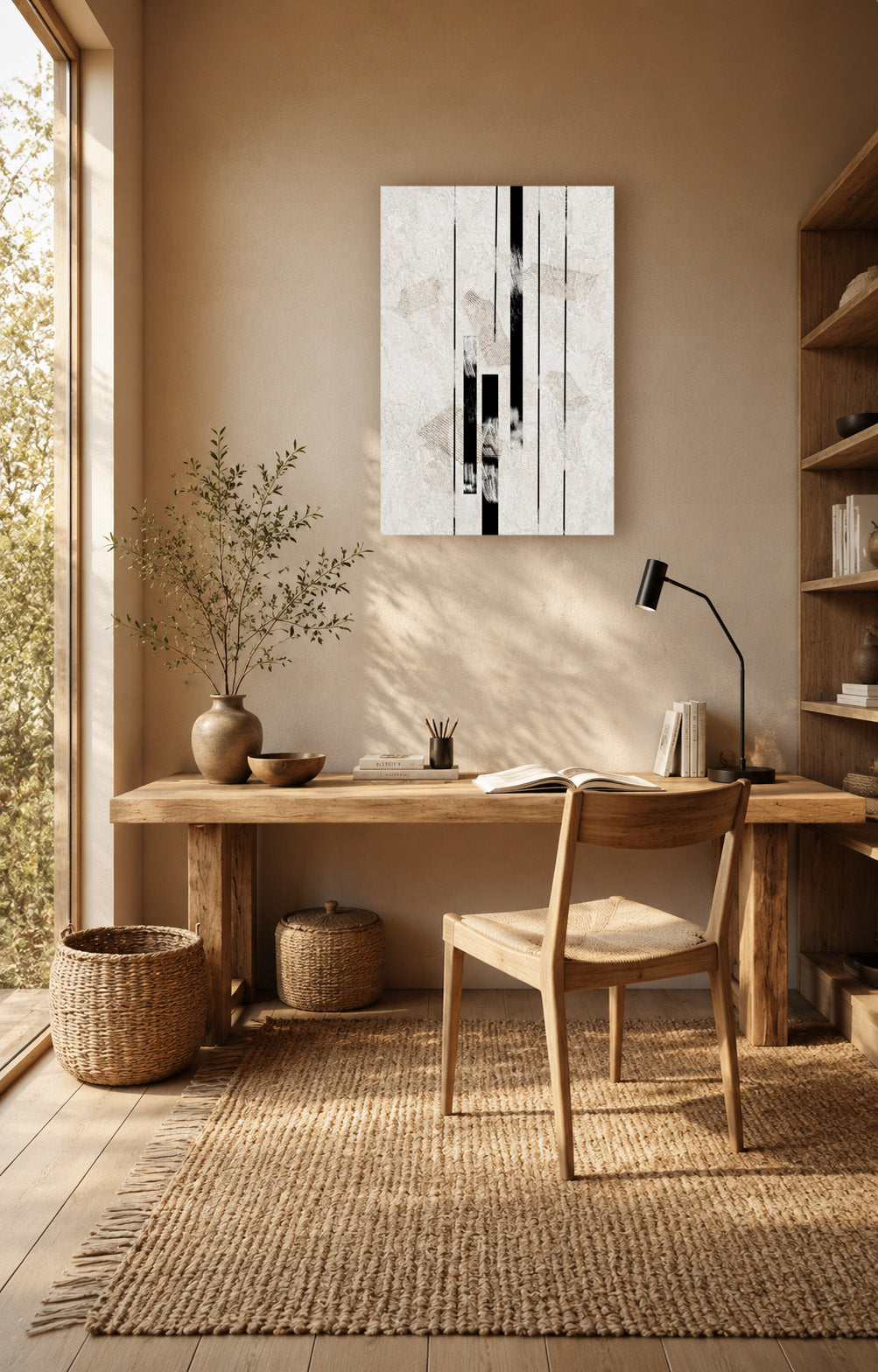 Inked Stone poster above a wooden desk in a bright home office