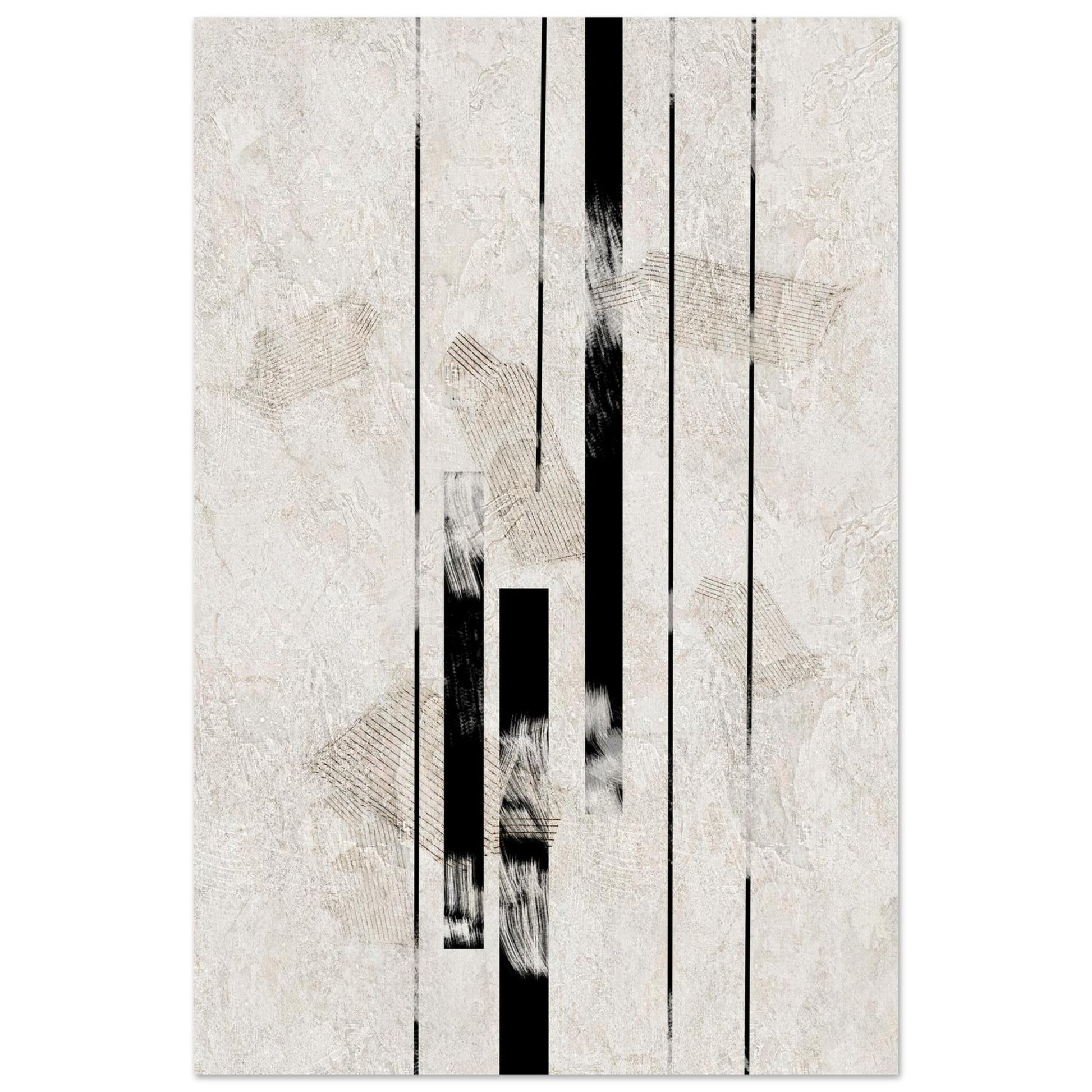 Inked Stone Japanese wall art poster with black ink columns on a pale aged paper ground