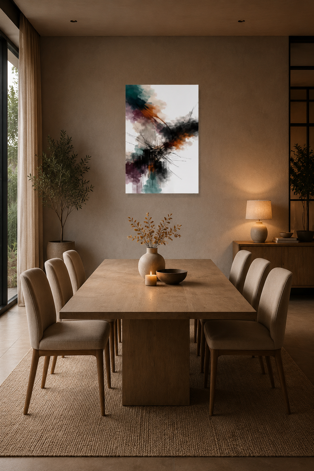 Warm modern dining room interior with abstract wall art poster and natural wood accents