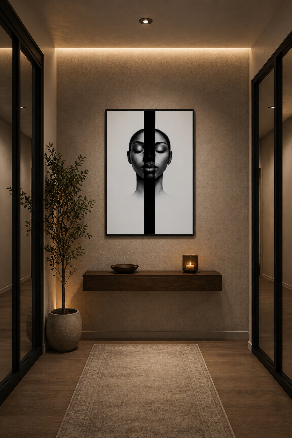 Modern hallway with warm ambient lighting, black framed abstract portrait, floating wood shelf, decorative candle and indoor plant creating a cozy luxury entrance.