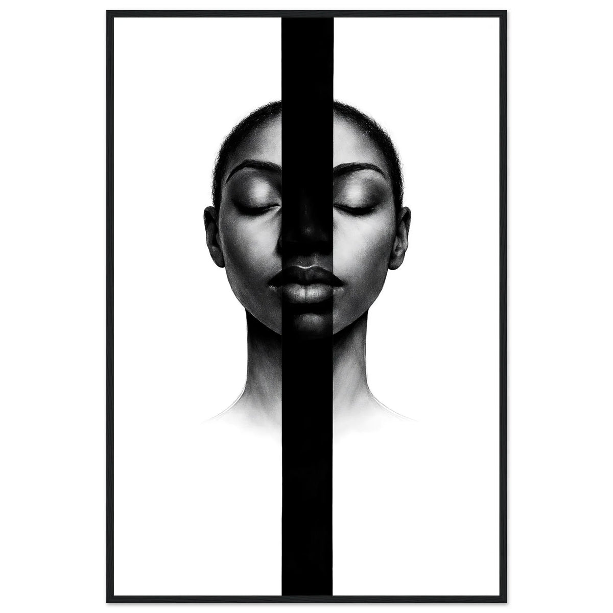 Inner Silence minimalist black and white framed wall art in a black wooden frame, a portrait divided by a vertical black band