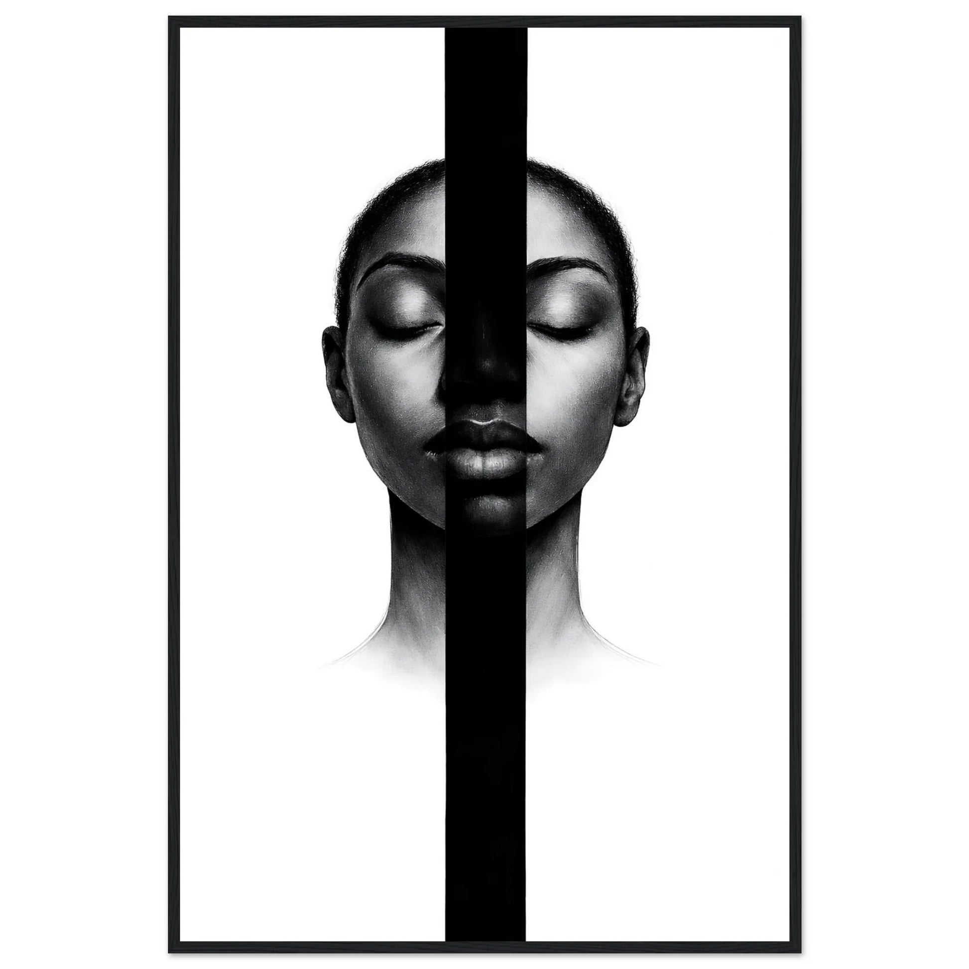 Inner Silence minimalist black and white framed wall art in a black wooden frame, a portrait divided by a vertical black band