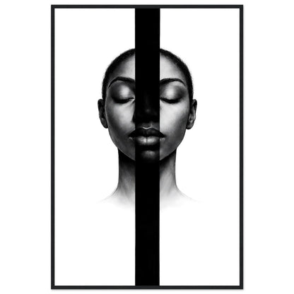 Inner Silence minimalist black and white framed wall art in a black wooden frame, a portrait divided by a vertical black band