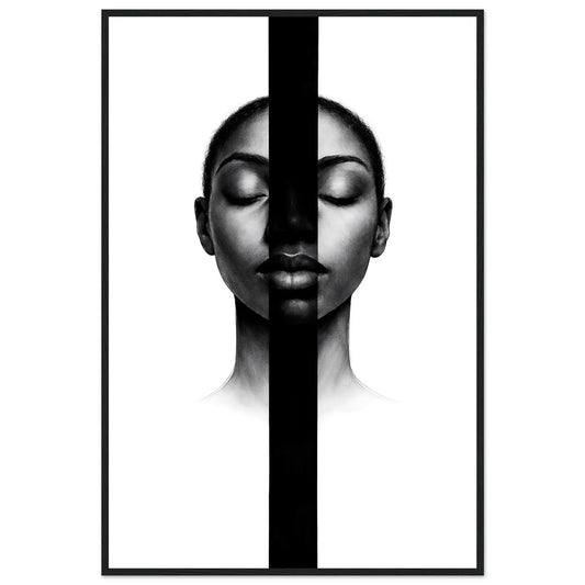 Inner Silence minimalist black and white framed wall art in a black wooden frame, a portrait divided by a vertical black band