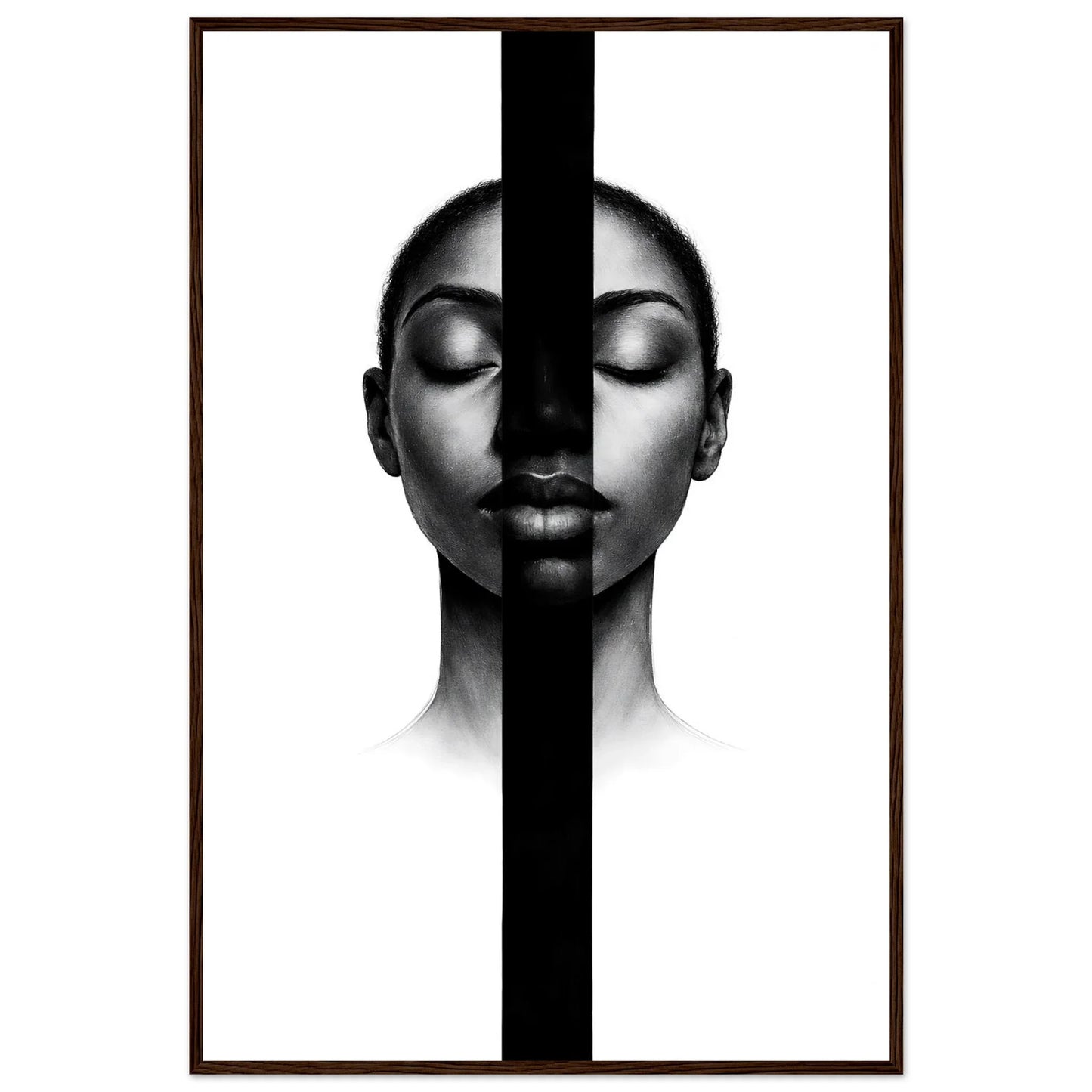 The monochrome portrait in a dark brown wooden frame