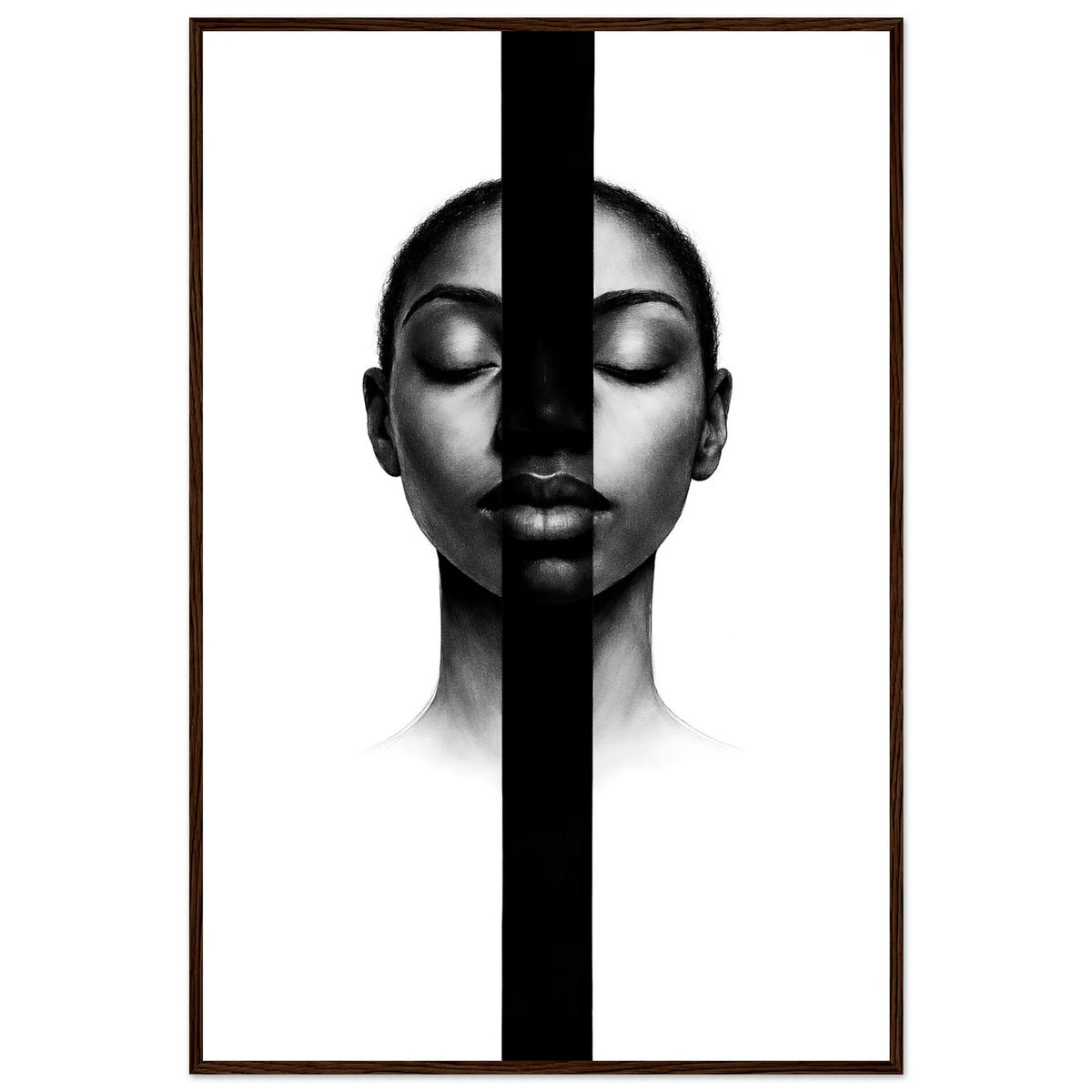 The monochrome portrait in a dark brown wooden frame