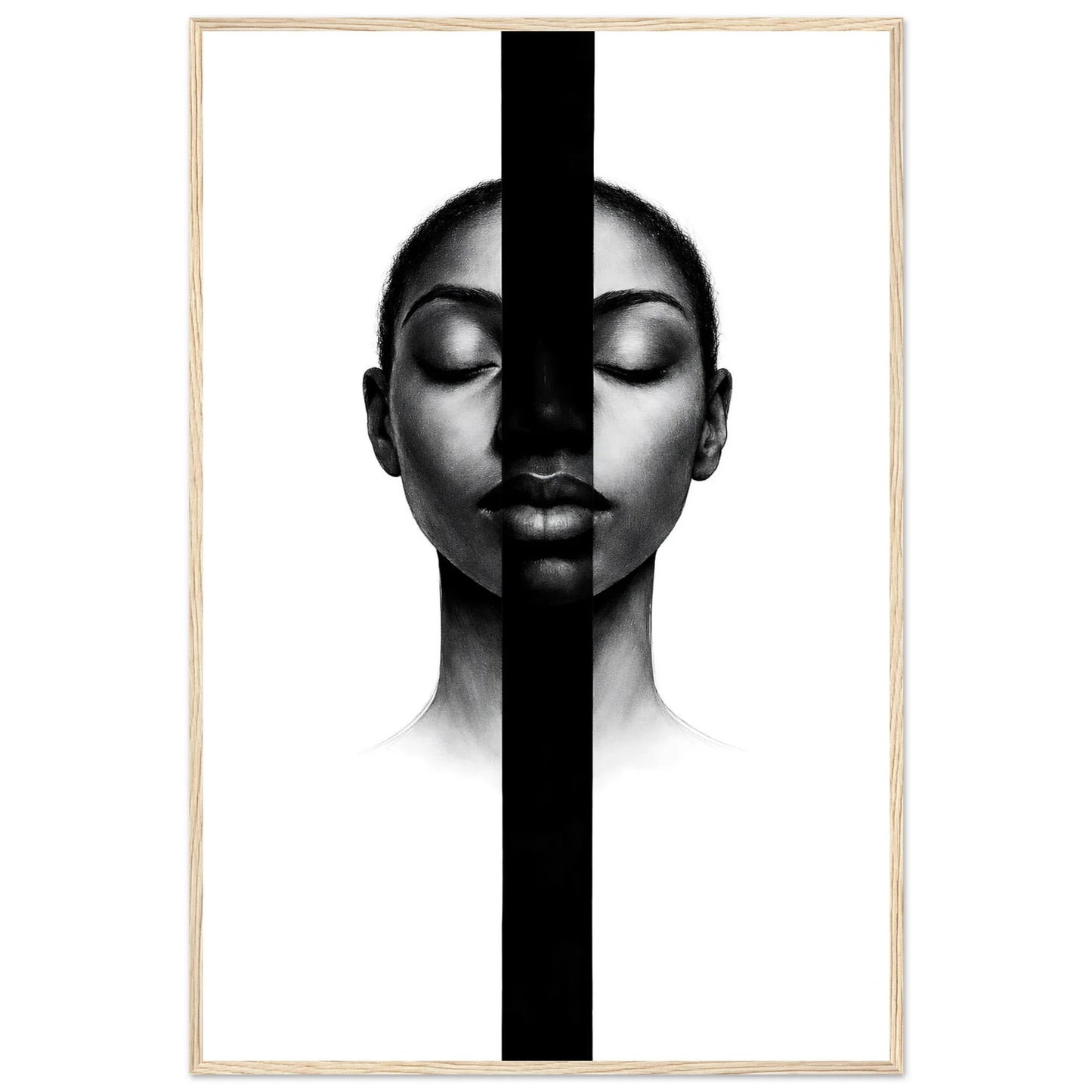 The monochrome portrait in a natural light wood frame