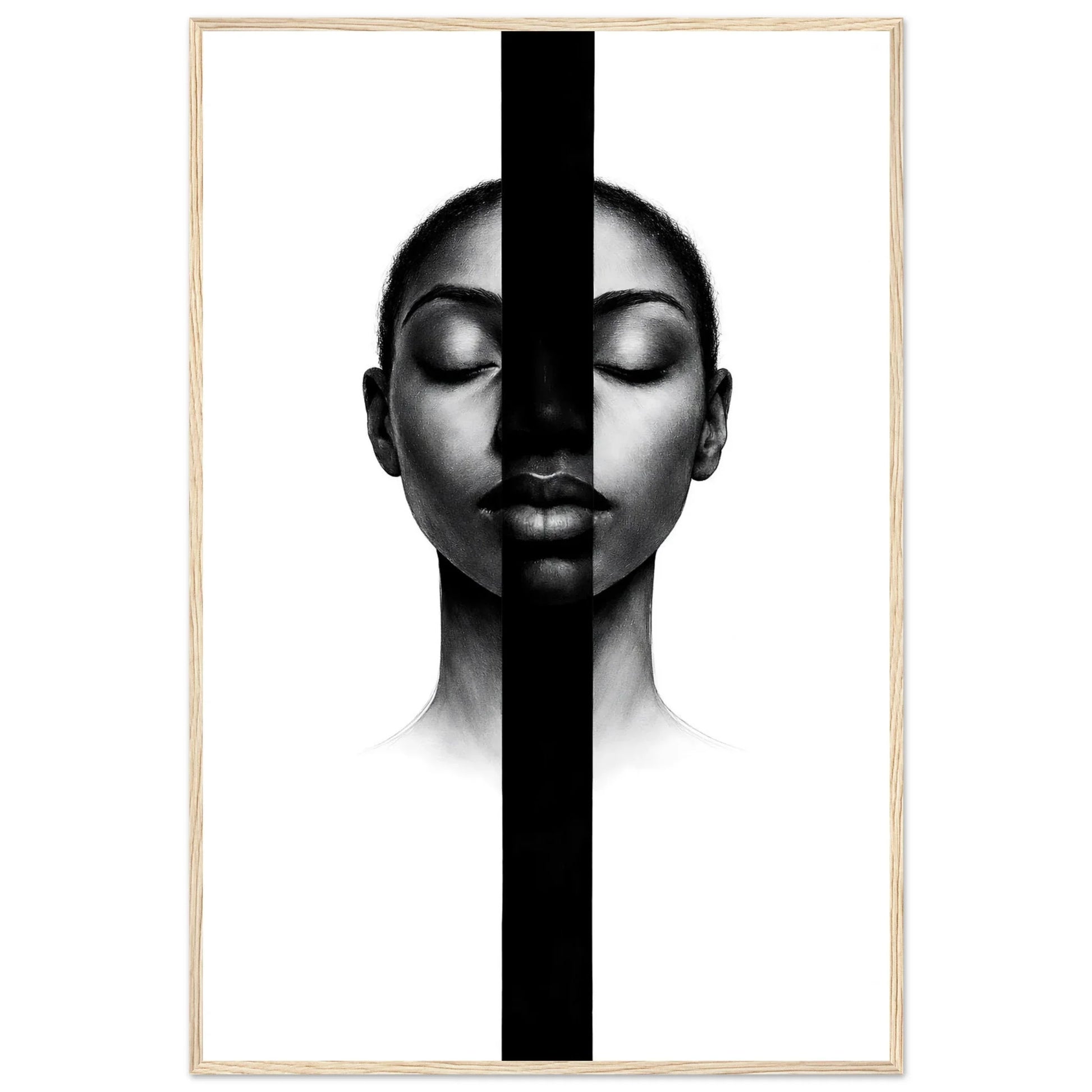 The monochrome portrait in a natural light wood frame