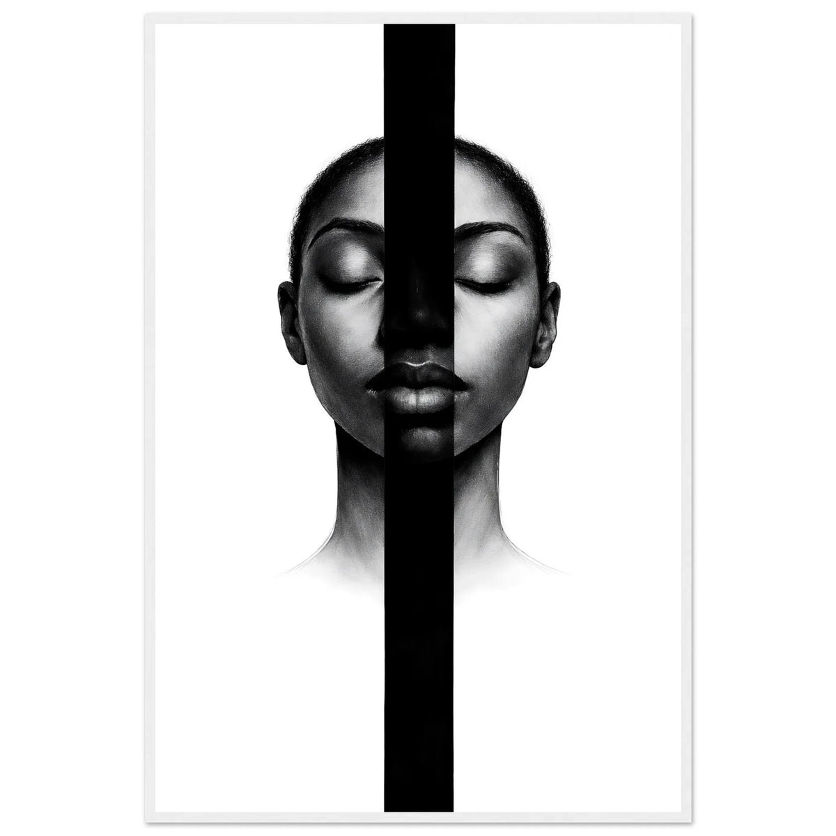 The monochrome portrait in a white wooden frame