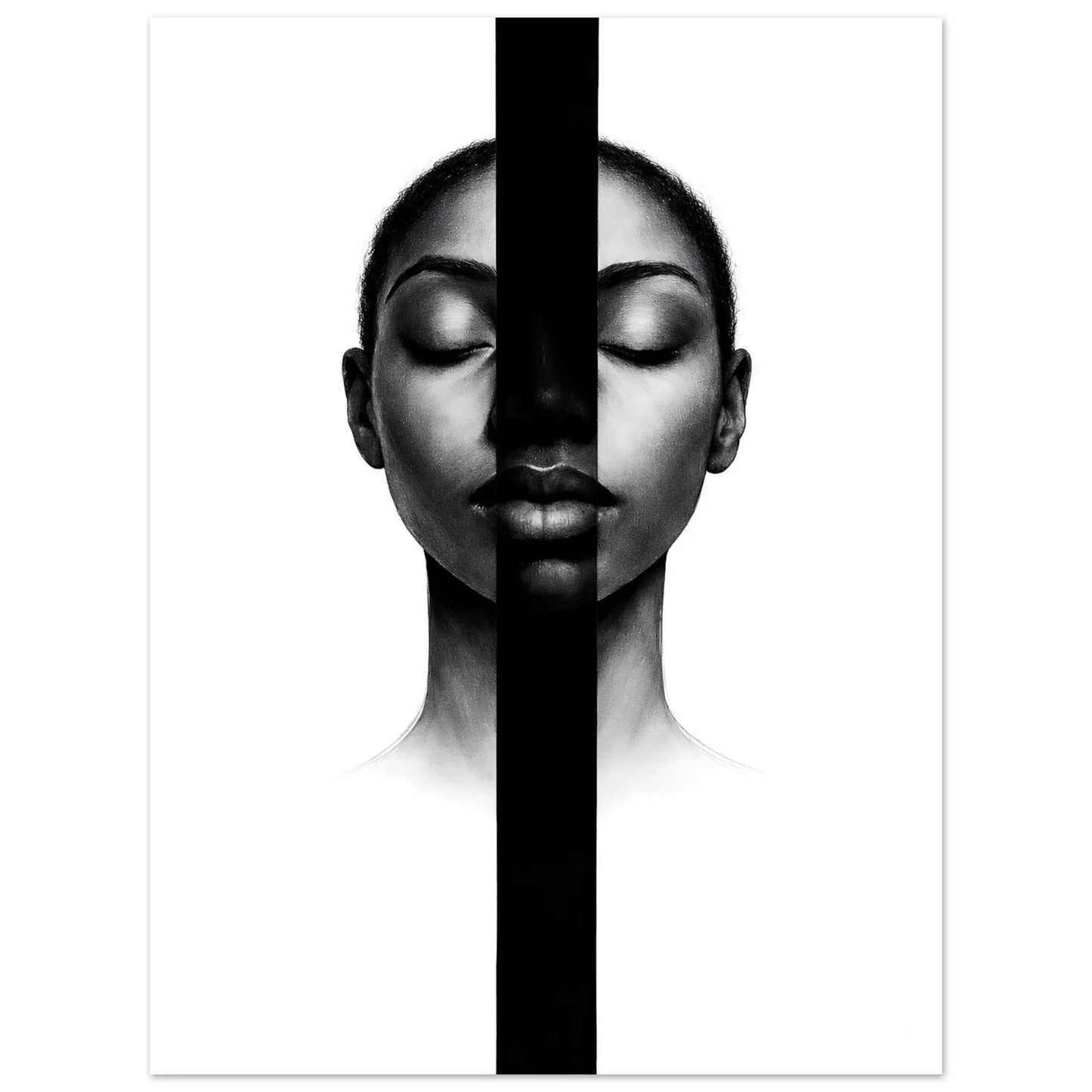 The full portrait with closed eyes and soft gray shading against a white background