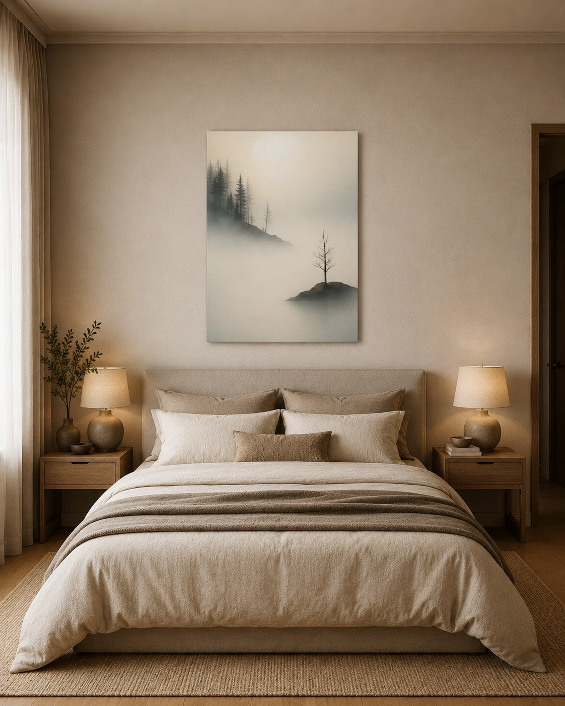 Island of Quiet misty forest canvas wall art above bed in neutral minimalist bedroom