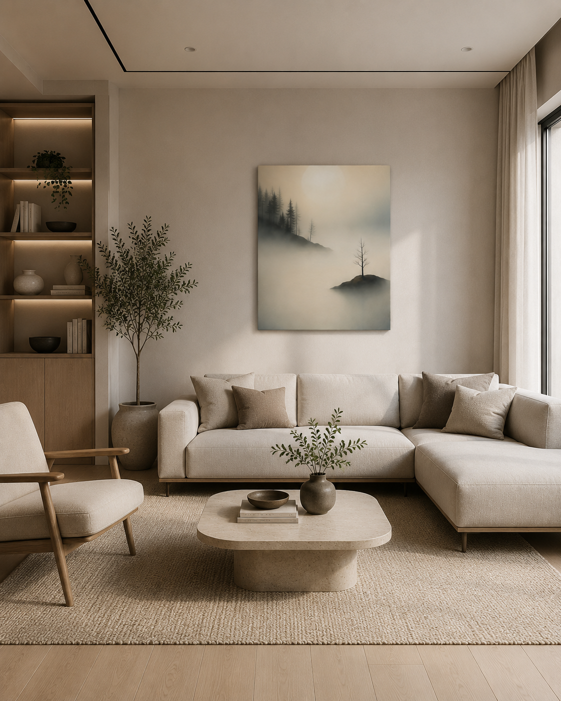 Island of Quiet misty landscape canvas in contemporary neutral living room