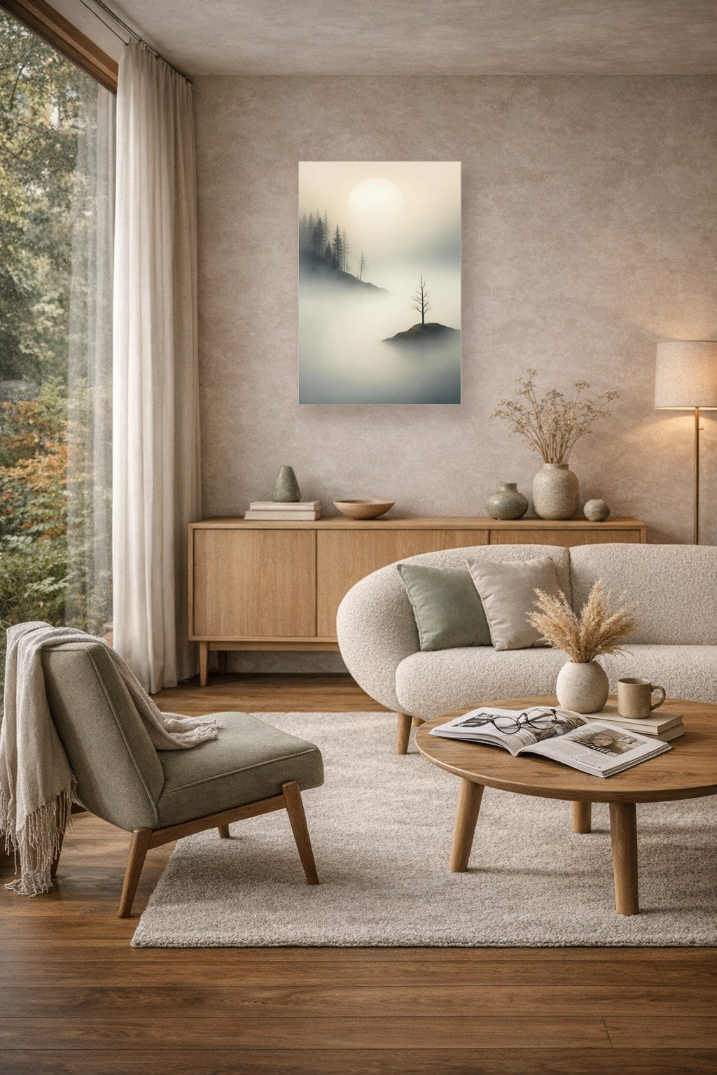 Island of Quiet minimalist landscape canvas in contemporary lounge with neutral furniture