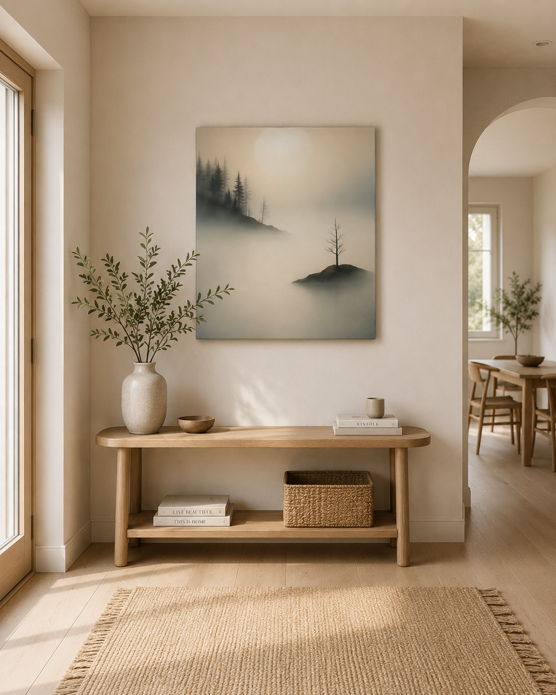 Island of Quiet minimalist canvas wall art in bright Japandi entryway interior