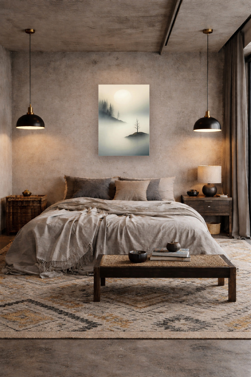 Island of Quiet canvas wall art above bed in modern earthy bedroom interior