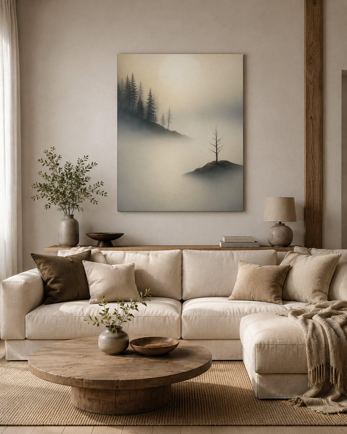 Island of Quiet minimalist misty landscape canvas in modern Scandinavian living room