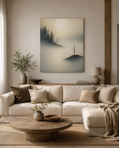 Island of Quiet minimalist misty landscape canvas in modern Scandinavian living room