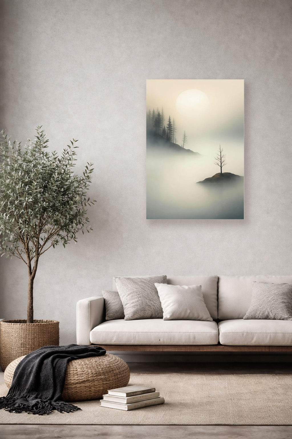 Island of Quiet misty landscape canvas in neutral minimalist living room with soft beige decor