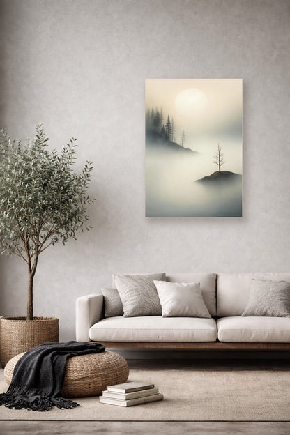 Island of Quiet misty landscape poster in a neutral minimalist living room with soft beige decor
