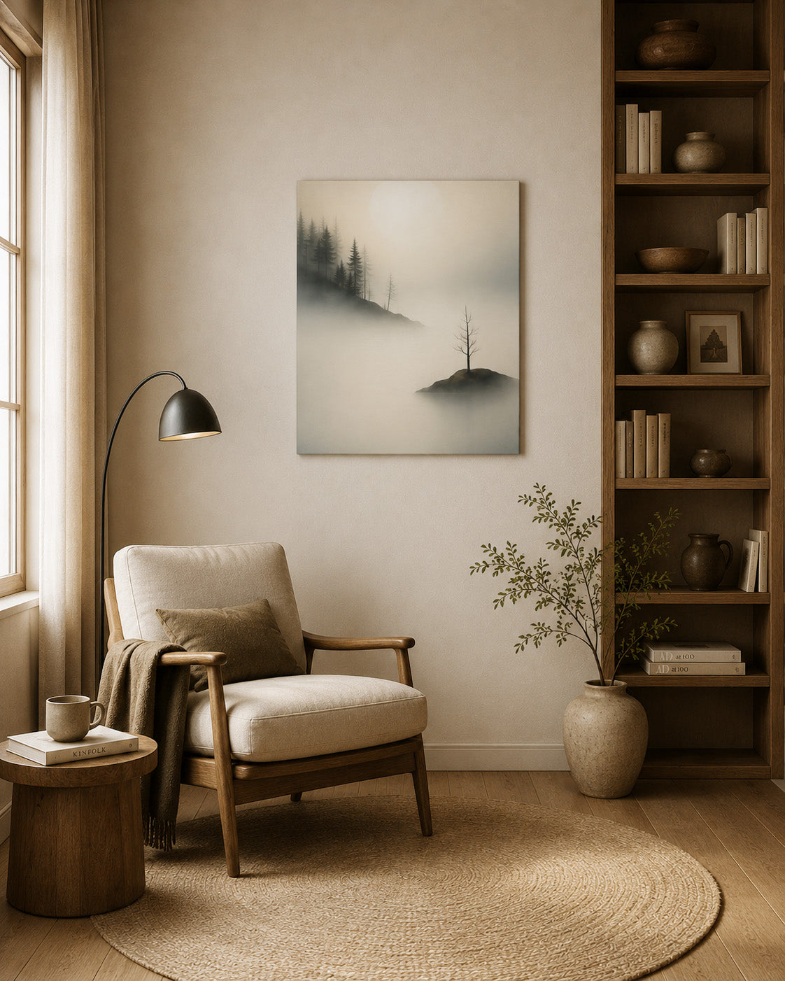 Island of Quiet landscape canvas in cozy reading nook with armchair and bookshelf
