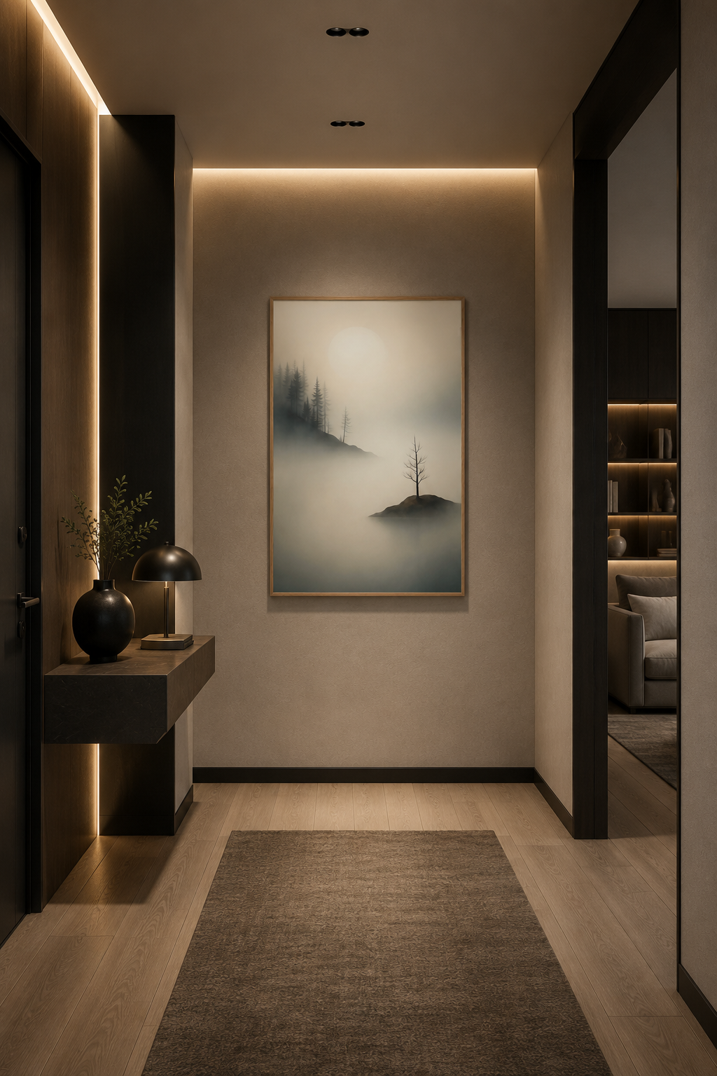 Island of Quiet minimalist wall art with light wood frame displayed in a modern lounge room with natural textures and contemporary decor