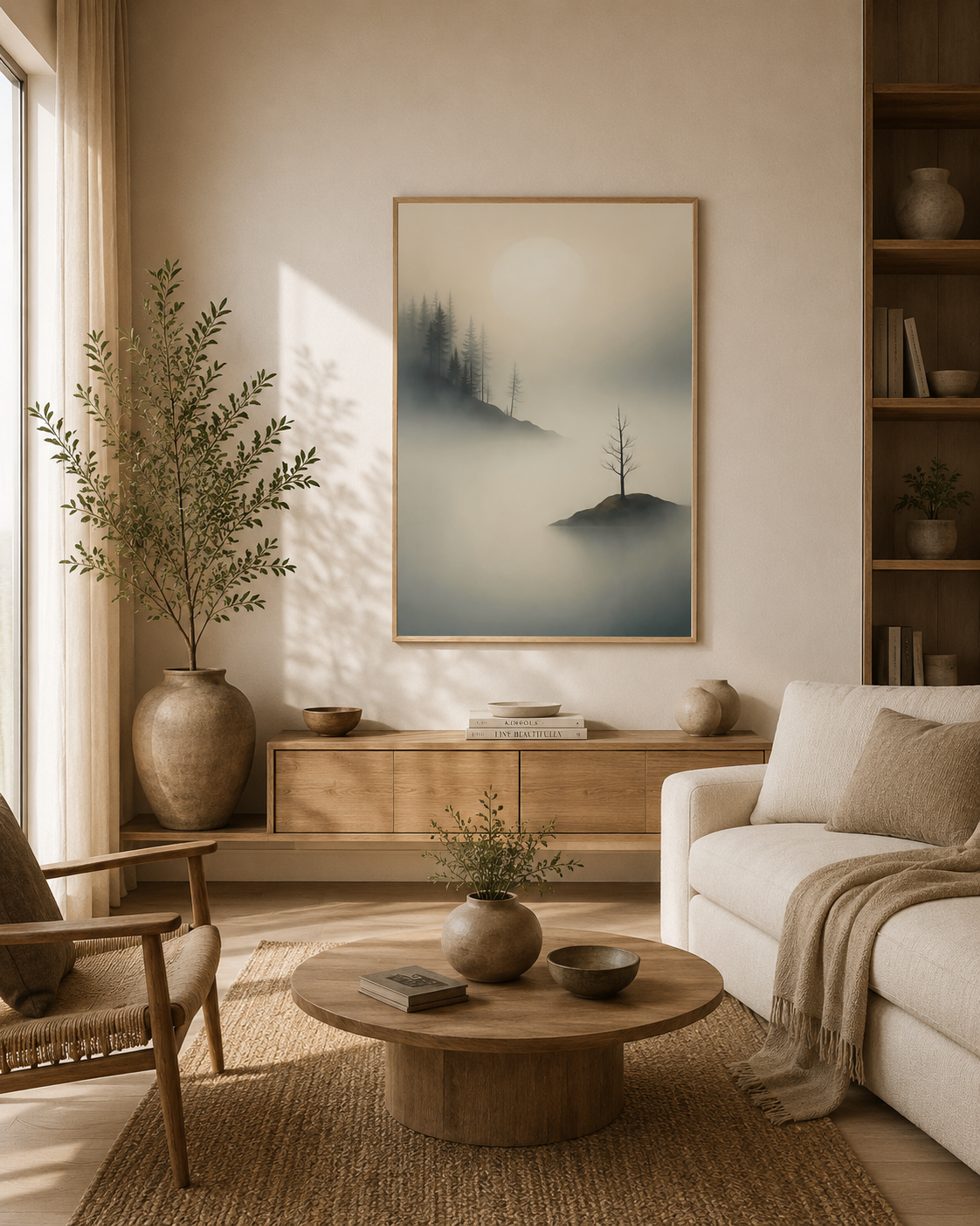 Island of Quiet minimalist wall art with light wood frame displayed in a modern lounge room with natural textures and contemporary decor