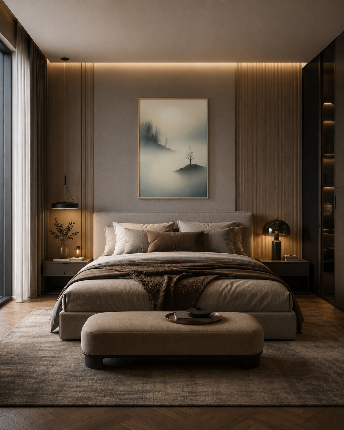 Island of Quiet minimalist landscape wall art with natural wood frame displayed above bed in a contemporary luxury bedroom interior
