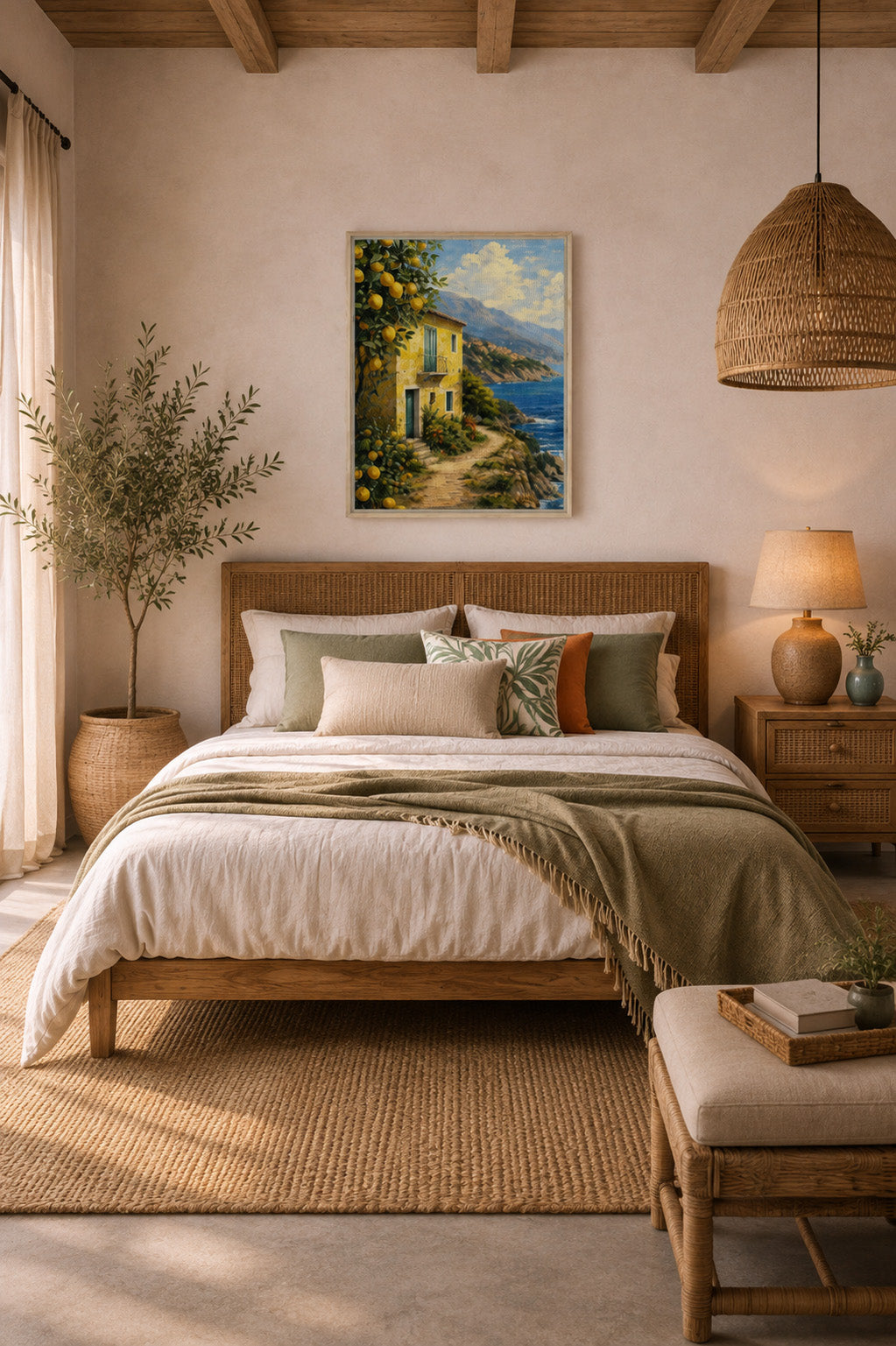 Italian coastal house and lemon tree canvas wall art displayed in a serene bedroom