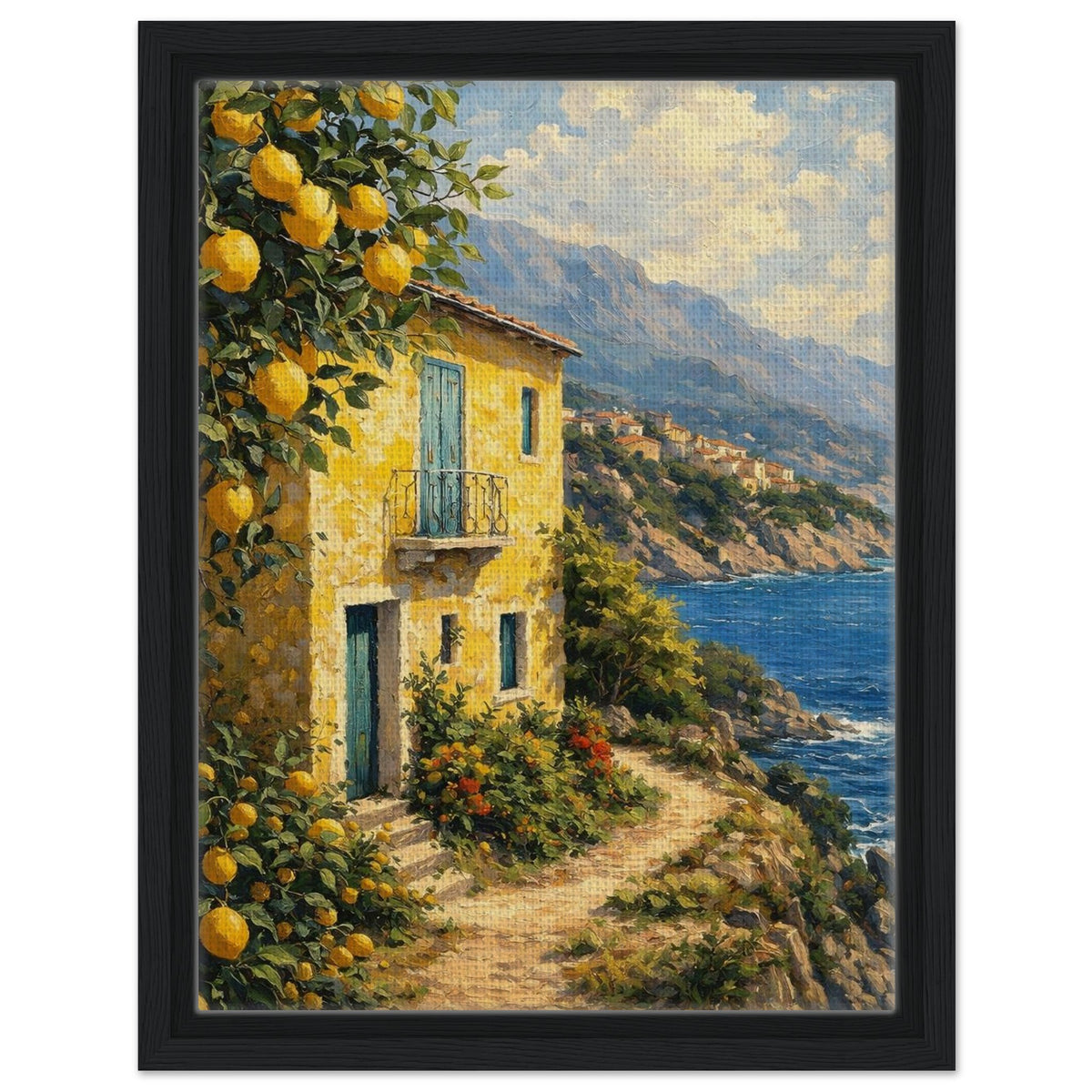Italian coastal house and lemon grove canvas print finished with a slim black frame